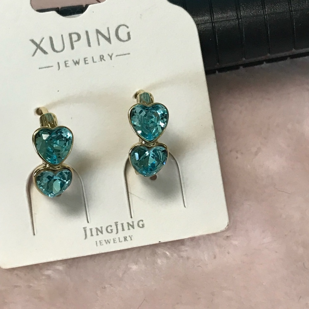 Xuping Jewelry Gold Double Heart Blue Crystal Earrings New